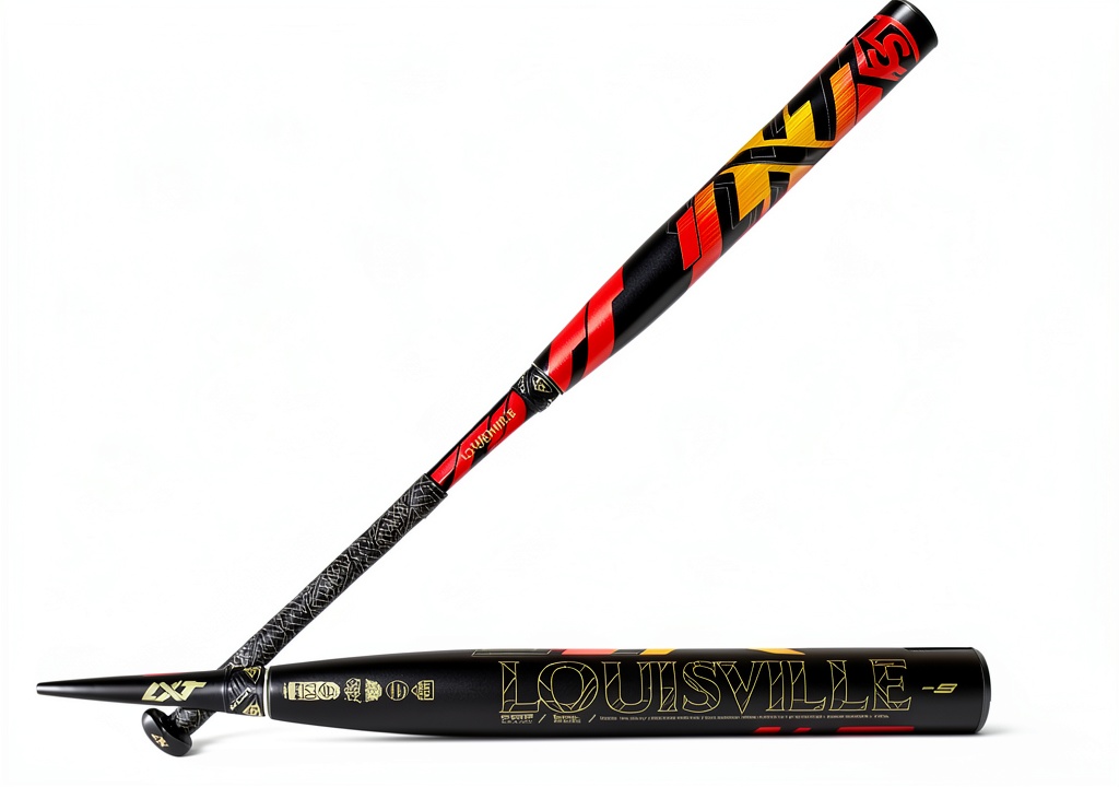 Louisville Slugger 34 inch composite softball bat displayed on a field bench