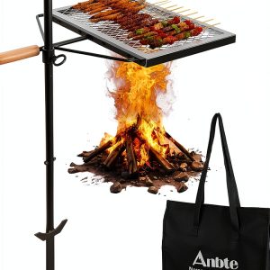 Anbte 35" Swivel Campfire Grill Grate, 360° Adjustable Heavy Duty Chrome-Plated Steel Fire Pit Grill with Carry Bag, Portable for Camping Backyard Outdoor BBQ Cooking Open Fire-0