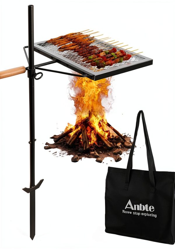 Anbte 35" Swivel Campfire Grill Grate, 360° Adjustable Heavy Duty Chrome-Plated Steel Fire Pit Grill with Carry Bag, Portable for Camping Backyard Outdoor BBQ Cooking Open Fire-0