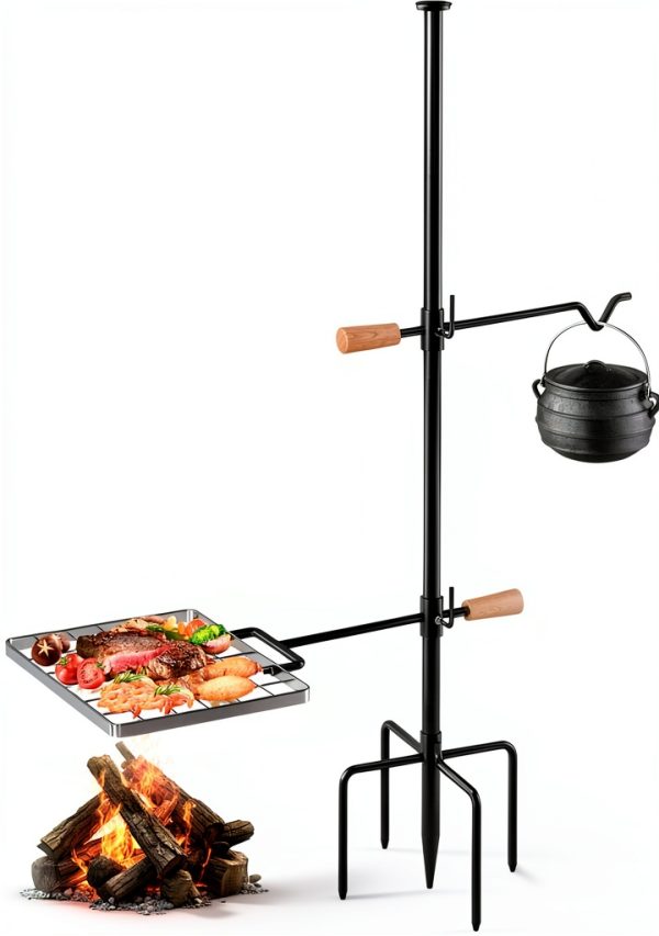 Campfire Grill Grate with Swivel Handle, Campfire Cooking Equipment - Fire Pit Grill Grate with Heavy Duty Steel, For Outdoor BBQ Camping and Cooking, Black-0