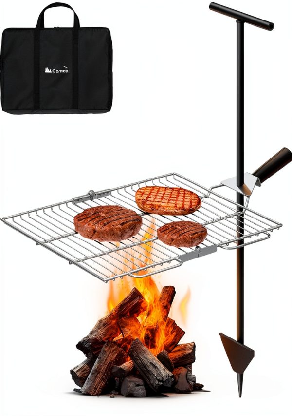 Gonex Portable Campfire Grill Grate for Fire Pit Foldable Stainless Steel Grill Height Adjustable Camping Cooking Equipment for RV Outdoor Backyard BBQ Courtyard 15.35"x18.3"-0